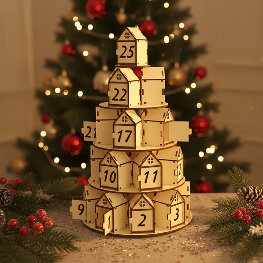Intricate laser cut Advent Christmas Tree Calendar featuring stacked little houses with opening doors numbered 1-25, set against a festive blurred Christmas tree lights background.