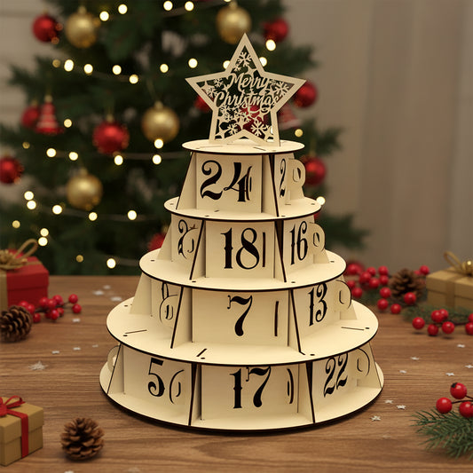Tiered laser cut Advent Xmas calendar tree featuring daily countdown numbers on spinning sections topped with a festive star, set against a cozy Christmas tree lights background.