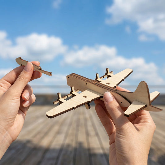 Hands assembling a miniature laser cut plywood airplane model. One hand holds the fuselage while the other attaches the nose piece, demonstrating the small scale and interlocking assembly against a sunny outdoor background.