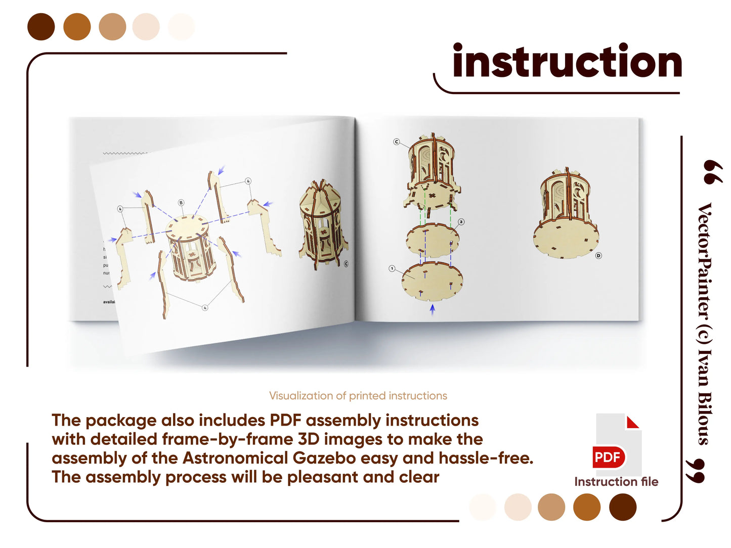 Assembly guide pages for a laser cut plywood astronomical gazebo model with detailed 3D frame-by-frame instruction steps.