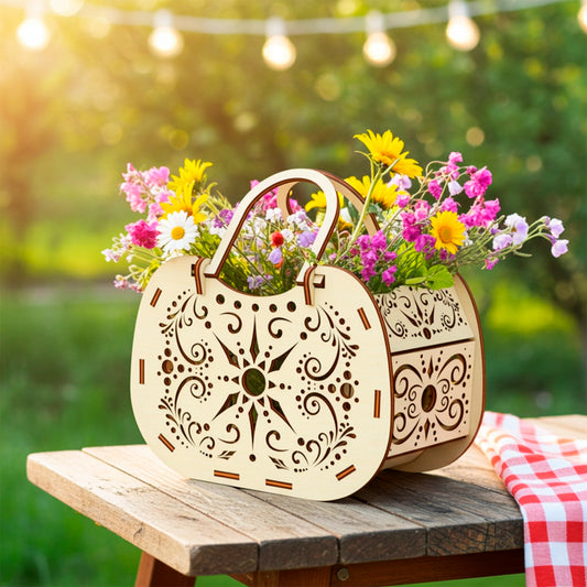 Laser cut plywood wooden basket with ornate floral patterns, filled with colorful wildflowers, resting on an outdoor wooden table with soft sunlight and hanging lights in the background