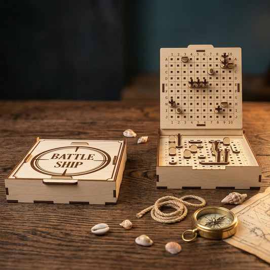 Detailed front view of a laser cut plywood Battleship board game. The vertical and horizontal grids hold various miniature wooden ship pieces. Shows precise interlocking wood joints and burnt edges, styled with seashells and a vintage compass.