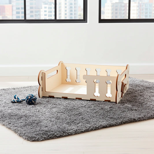 Laser cut plywood wooden Dog Bed frame or storage box with decorative side panels featuring bone-shaped cutouts and personalized engraved text ("Maxie"). The light wood bed, designed as a DIY kit, is displayed on a textured gray rug next to a toy, showing its capacity and function as a pet accessory in a modern interior setting.