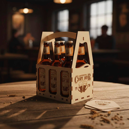 A laser cut light wooden plywood beer caddy holding six amber glass bottles. It features an engraved "Craft Beer" logo with two beer mugs. The basket rests on a rustic wooden table in a dimly lit bar setting with matching coasters.