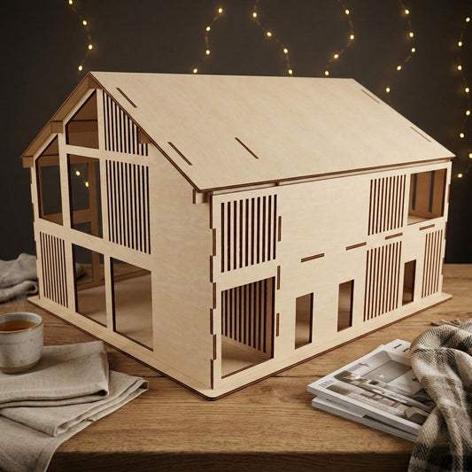Exterior view of a large laser cut plywood dollhouse. The design shows intricate vertical window slats and precise interlocking joints. The natural light wood grain is emphasized by warm indoor lighting and decorative fairy lights.