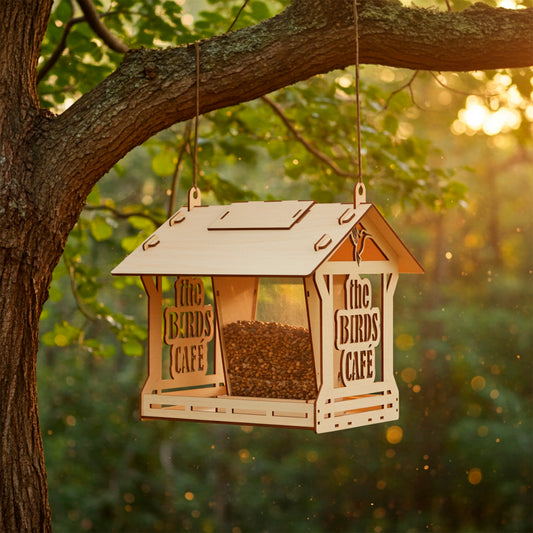 Laser cut plywood wooden bird feeder shaped like a house, featuring clear windows filled with seed and "The Birds Cafe" etched on the side. It hangs from a thick tree branch in a sunny forest setting at sunset.