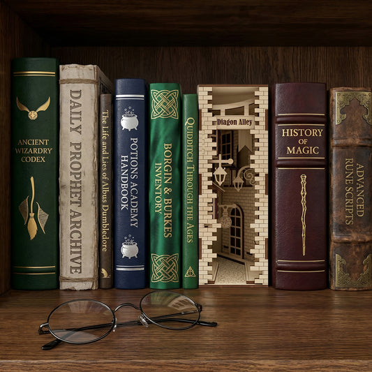 A miniature Book Nook Alley made of laser cut wood featuring intricate brickwork and street lamps, displayed behind round glasses with a classic library shelf background.