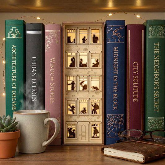 An intricate Book Nook Apartment House made of laser cut wood showing backlit silhouettes, positioned in a cozy library background.