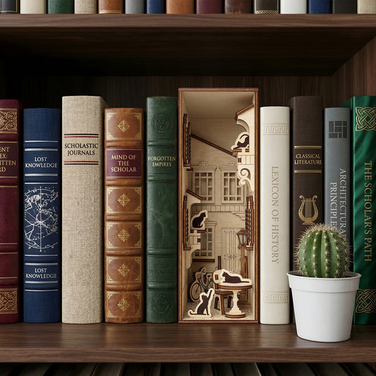 A miniature Book Nook French Yard diorama made of laser cut wood depicting a cozy courtyard, positioned between books with a dark wooden shelf background.