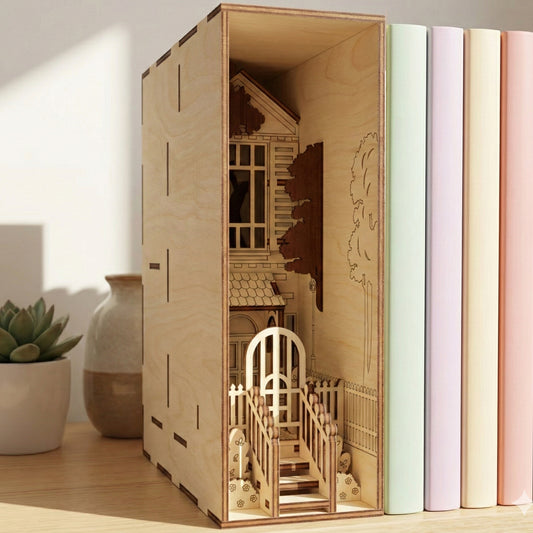 Side view of the laser cut plywood book nook box showing the wood grain and assembly tabs. The interior reveals a 3D street scene with a house and engraved trees, nestled between books on a shelf.
