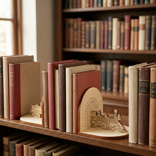 Wooden laser cut bookends shaped like architectural designs on a shelf with books.
