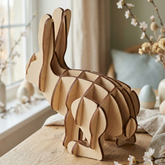 Wooden laser cut bunny figurine on a table with decorative elements in the background