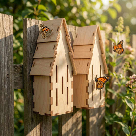Pair of natural wood laser cut butterfly shelters featuring peaked roofs and ventilation slits, attracting vibrant butterflies on a wooden fence background.