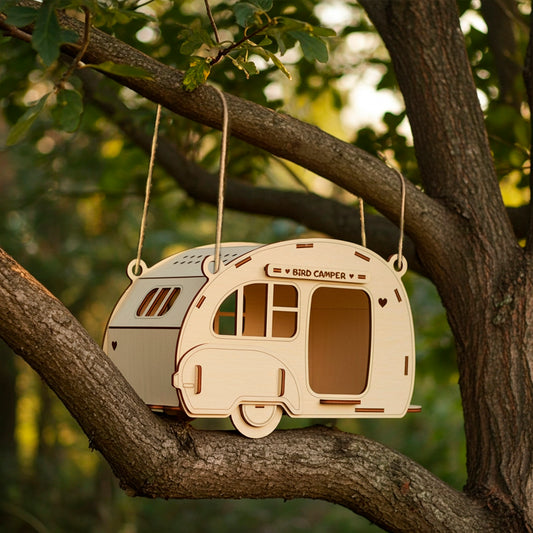 Laser cut plywood wooden birdhouse shaped like a retro camper trailer, hanging on a tree branch in a forest setting, surrounded by warm natural sunlight and soft green bokeh