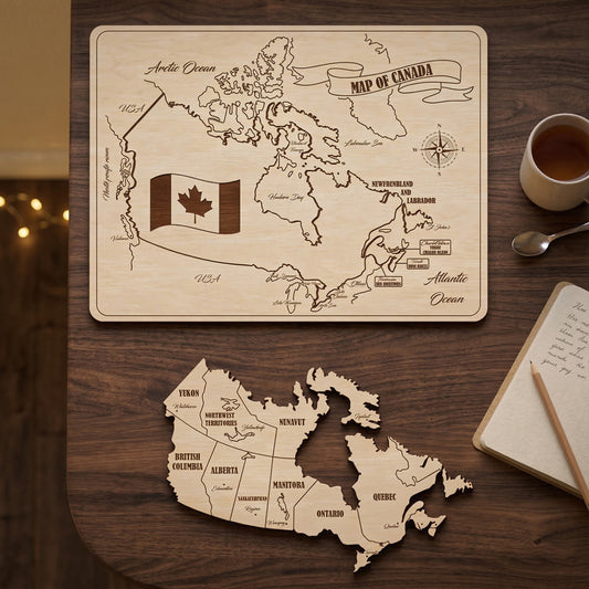 Two-piece view of a laser cut plywood Canada map puzzle. The province pieces are lifted out to show an engraved maple leaf flag hidden in the base. Highlights the interactive educational design and smooth natural wood texture.