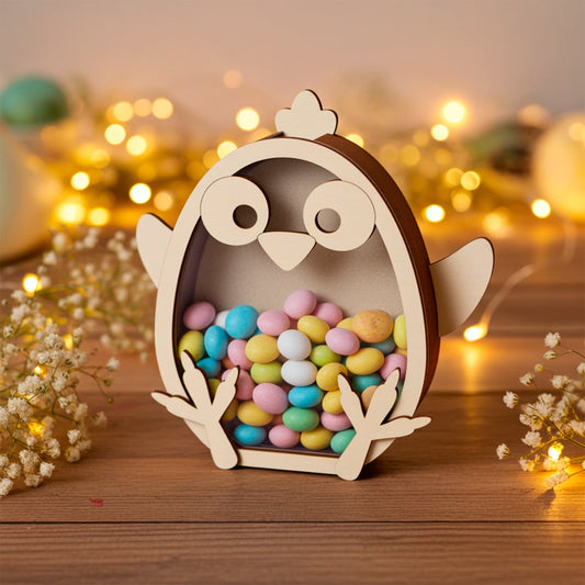 Laser cut plywood wooden chicken coin bank or candy box, filled with colorful pastel Easter chocolate eggs, sitting on a rustic table with soft, golden fairy lights and baby's breath flowers in the warm background.