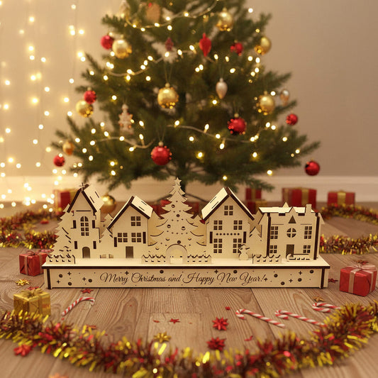 Delicate laser cut wooden Christmas houses scene featuring cozy cottages, a glowing tree, and festive greetings on the base, shown in front of a twinkling holiday tree background.