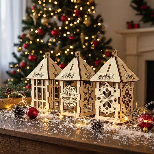Delicate laser cut Christmas Lamp Set featuring layered holiday scenes that illuminate beautifully, set against a warm blurred Christmas tree bokeh background.