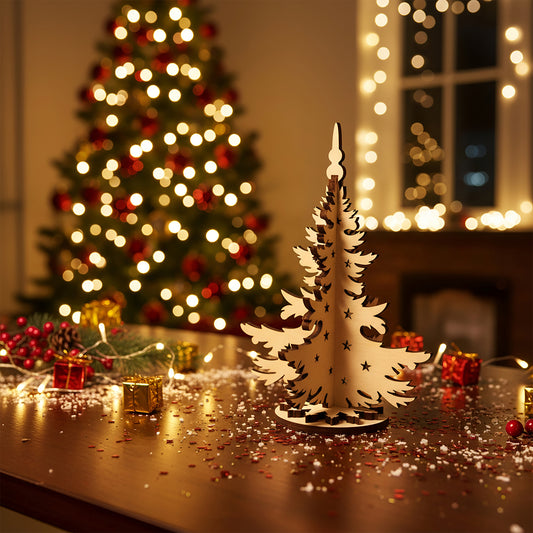 Delicate laser cut Christmas tree decor featuring detailed fir branches with engraved stars and a spiral assembly, set against a festive bokeh Christmas tree glow background.