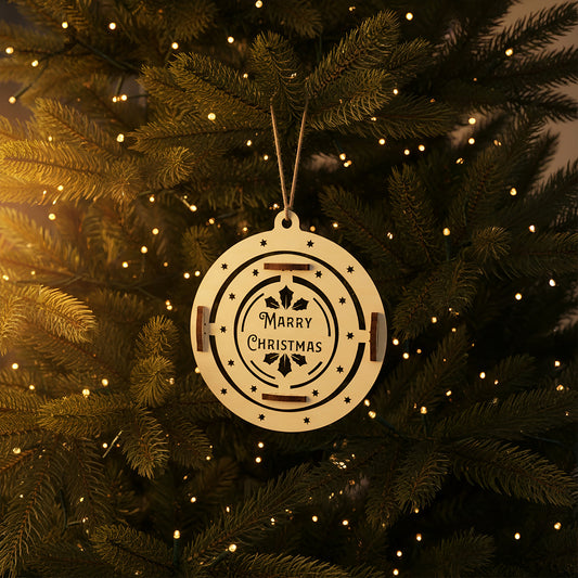 Interactive laser cut Christmas tree toy Merry Christmas ornament with rotating holly wreath design and festive greeting, set against a softly lit Christmas tree background.