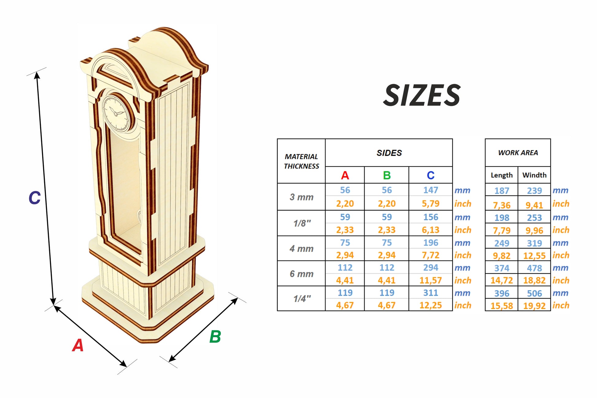 Dimensions of the Laser cut Pendulum clock cabinet plywood design