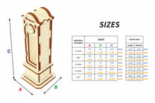 Load image into Gallery viewer, Dimensions of the Laser cut Pendulum clock cabinet plywood design
