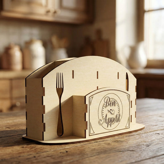 Side profile of a natural laser cut plywood cutlery caddy. The panel shows decorative fork and knife cutouts and visible tab-and-slot joinery. It is styled in a kitchen setting holding large wooden grinders and stainless steel silverware.