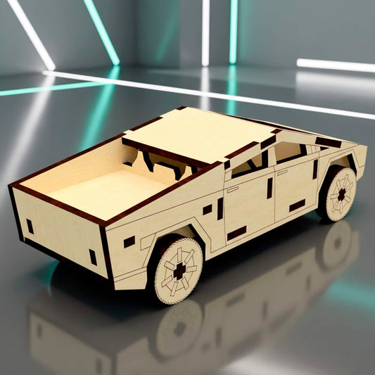 Rear view of a laser cut wooden plywod futuristic cyber truck model. Angular plywood 3D puzzle with a minimalist open bed and geometric wheels. Shown in a modern studio with neon lights, highlighting its sharp edges and precision-cut wood panels