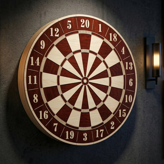 Round dartboard crafted from laser cut plywood with contrasting light and dark wood segments. Features etched numbers 1-20 around the perimeter. Mounted on a textured grey wall under a spotlight in a modern game room setting.