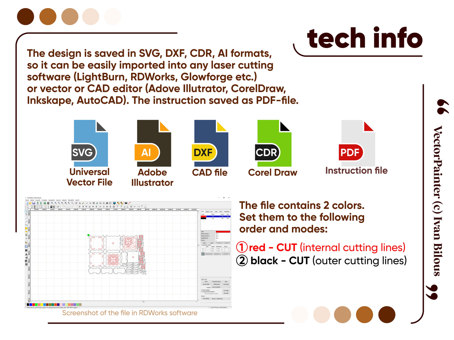 Technical information and plan of laser cut box: Laser Files in SVG, DXF, CDR, AI Formats, Plan screenshot in RDWorks, color mode settings