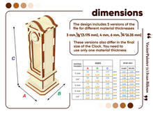 Load image into Gallery viewer, The dimensions of the Laser Cut Pendulum Clock miniature, including the width, height, and depth. This information can be helpful when planning where to place the clock in your dollhouse or other miniature display.
