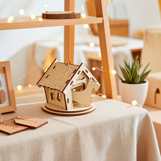 Laser cut miniature plywood wooden horse stable model with a shingled roof and a horse silhouette cutout in the front, sitting on a natural linen cloth next to a framed picture, potted succulent, and warm fairy lights on a wooden shelf
