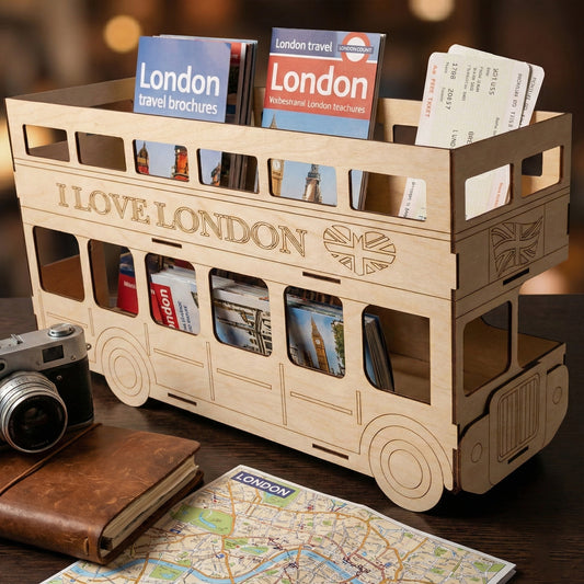 laser cut plywood double-decker bus storage rack. Highlighting the intricate "I LOVE LONDON" engraving and Union Jack flags. Sturdy wooden construction with multiple slots for tickets and souvenirs.