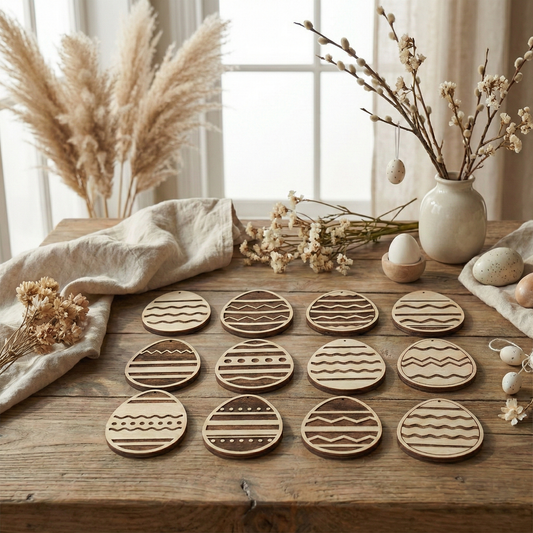 Wooden laser cut ornaments with wavy patterns on a wooden surface with decorative elements.