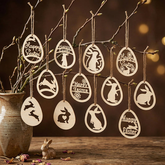 A collection of thirteen unique laser-cut wooden Easter egg ornaments hanging from a natural branch. The plywood designs feature various leaping bunny silhouettes, floral accents, and "Happy Easter" greetings. Perfect for a minimalist or farmhouse-style Easter tree display.