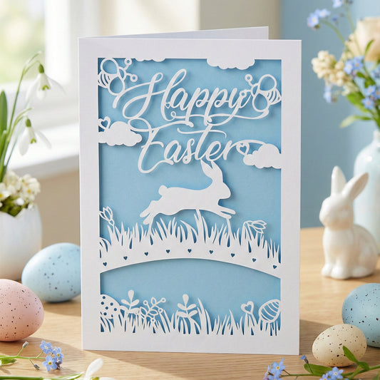 A white laser cut paper Easter card with a "Happy Easter" message, a jumping bunny, and floral details. Set against a blue background, surrounded by speckled eggs and spring flowers on a wooden table.