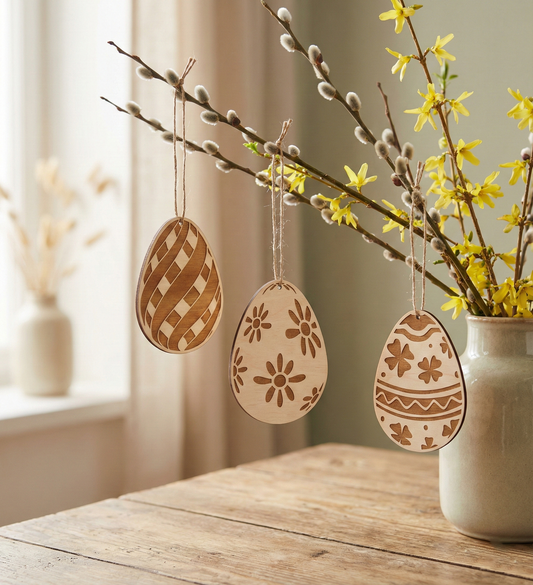 Decorative laser cut Easter eggs with floral patterns hanging from a branch with yellow flowers.