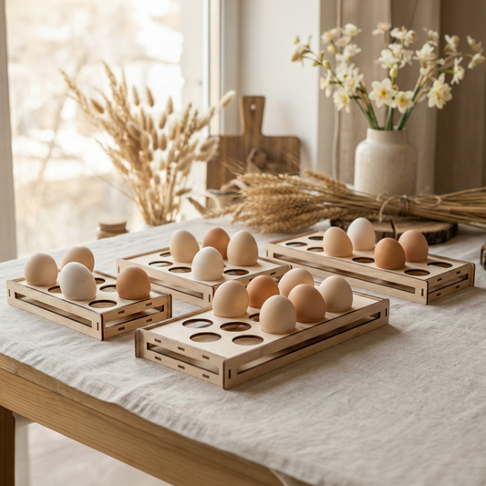 Wooden laser cut egg trays with eggs on a table with decorative elements