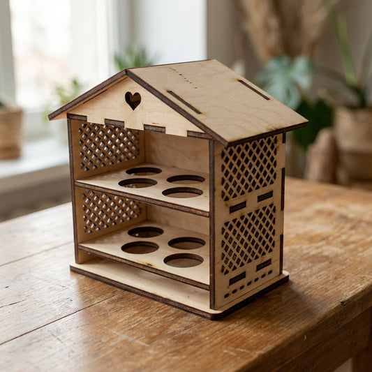 Wooden house-shaped container with circular holes for eggs on a wooden laser cut surface