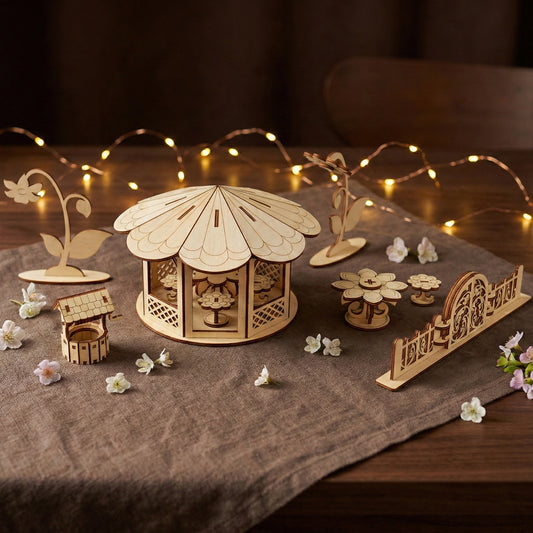 A fairy garden doll furniture set made of laser cut plywood. Includes a gazebo, a wishing well, flower-shaped tables, a decorative fence, and wooden flowers. Arranged on a brown linen cloth with cherry blossoms and fairy lights.