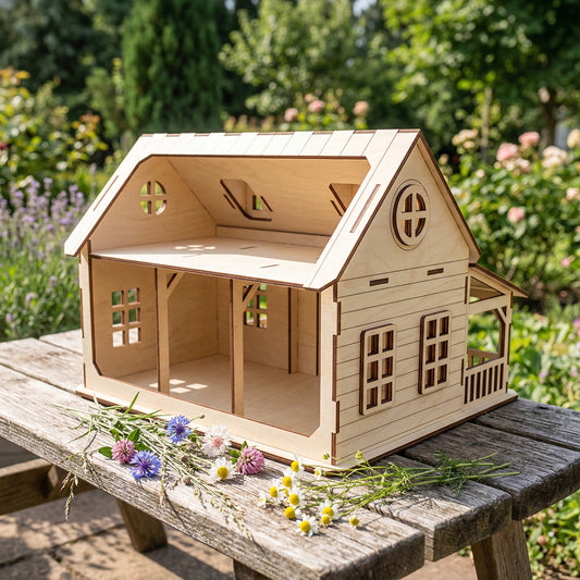 Rear view of the laser cut plywood dollhouse showing the open-back interior with two floors and a room divider. The perspective highlights the playability of the miniature house, revealing side windows and the sturdy construction of the wood panels.