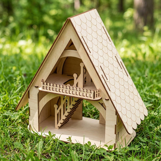 Back view of an A-frame forest house in laser cut plywood. Shows the interior staircase, second-floor balcony with slatted railing, and open play area. Natural wood texture against a blurred green forest background.