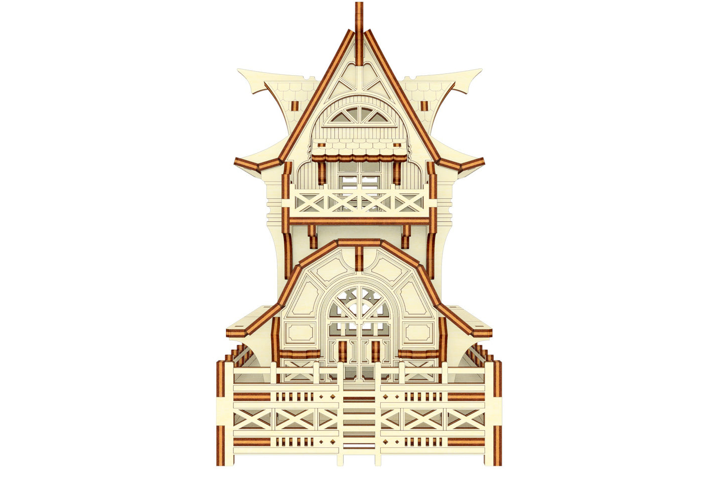 Laser cut wooden model of a Garden Gnome House, showcasing intricate details and multiple layers.