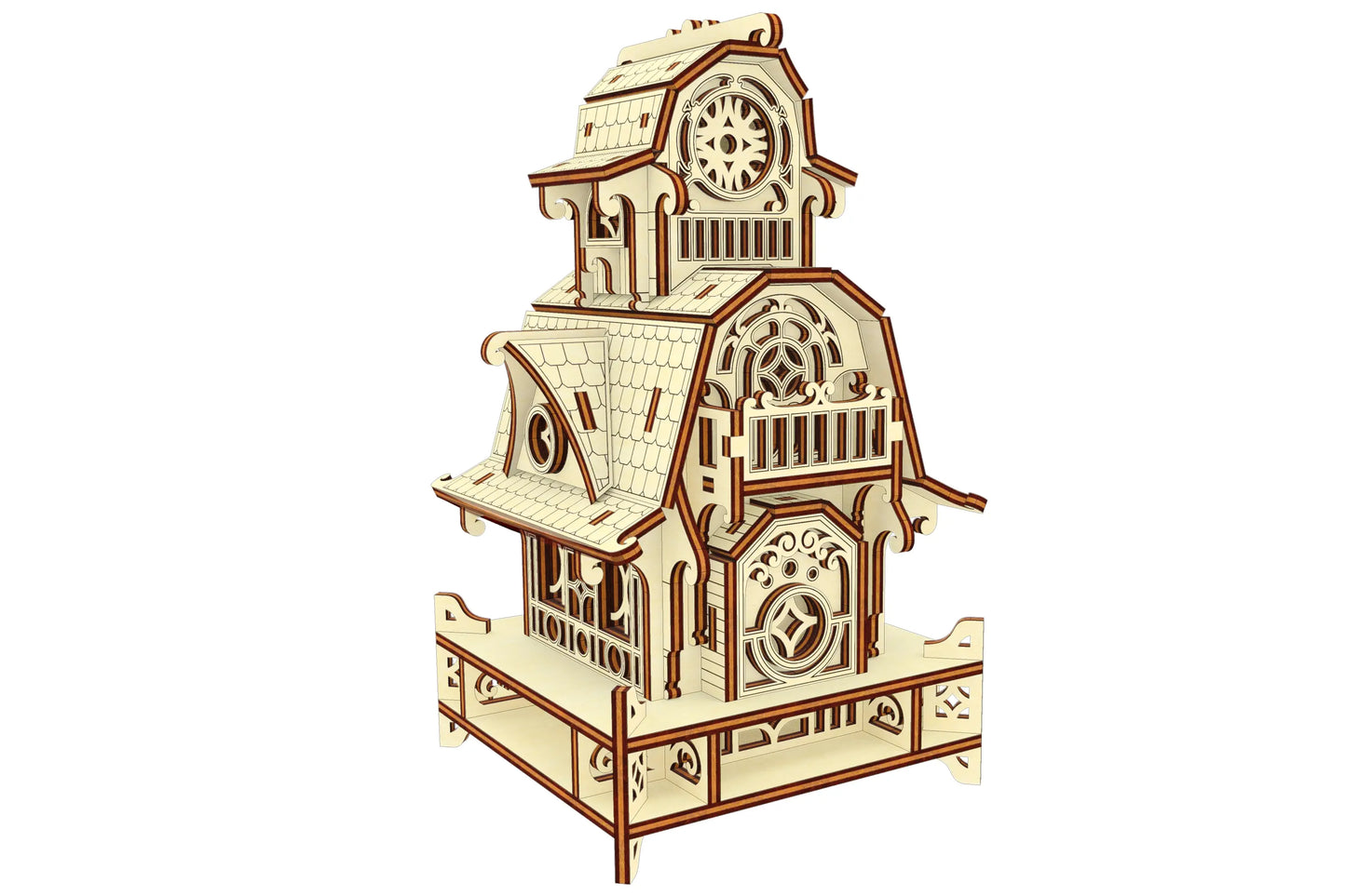 Perspective vector preview of a 3D garden gnome cottage model kit, meticulously crafted from laser cut plywood