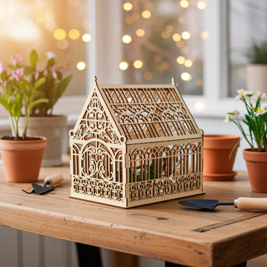 A laser-cut plywood wooden greenhouse model with intricate decorative panels and an openwork roof, shown from an angled view to highlight its detailed craftsmanship and light natural wood texture.