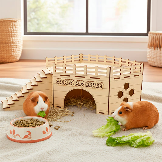 Laser cut wooden plywood Guinea Pig House with an arched entrance and side windows, featuring stairs leading to a fenced rooftop platform. The light wood structure is displayed on a fluffy white rug with hay, a food bowl, and two live guinea pigs eating lettuce, clearly showing the scale and function as a pet hideaway