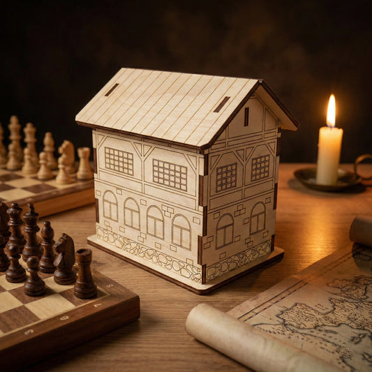 Three-quarter view of a laser cut plywood miniature house. Placed on a desk next to a wooden chess set, an old map, and a glowing candle. The dark, atmospheric lighting highlights the charred edges of the laser-cut wood.