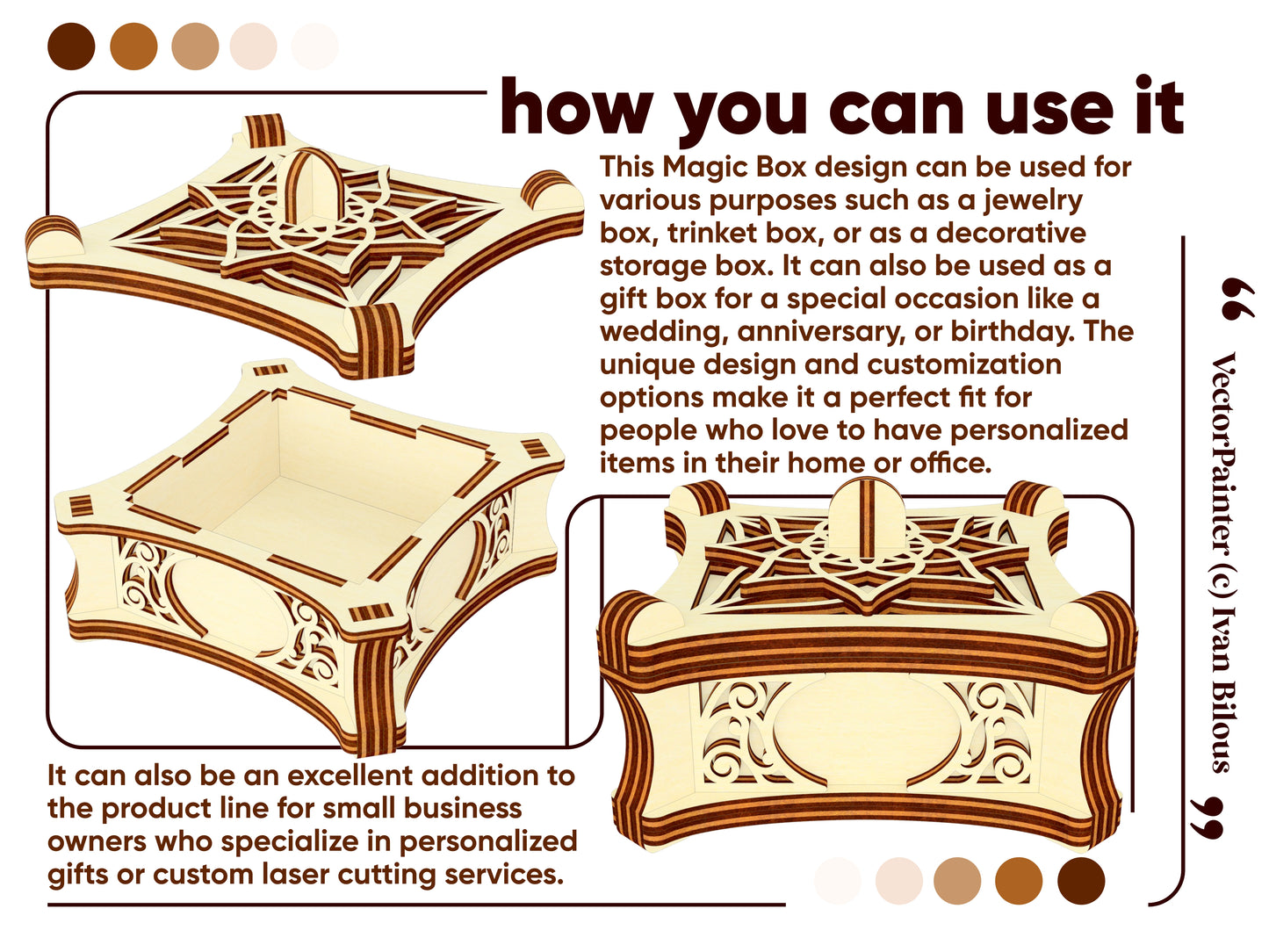 laser cut magic box description how you can use it. The laser cut box with opened lid and side view of the laser cut box