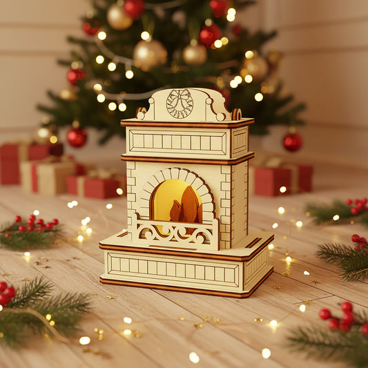 Elegant white laser cut wooden Christmas Fireplace featuring ornate scrollwork and a cozy illuminated interior, displayed in front of a twinkling holiday tree background.