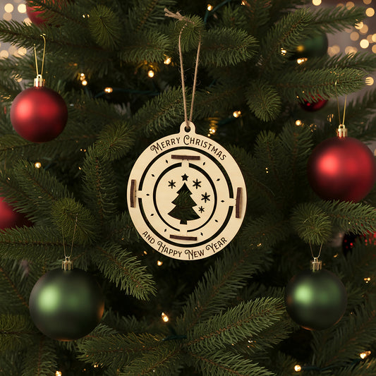 Interactive laser cut Christmas tree toy christmas tree featuring a rotating Christmas tree silhouette with snowflake details and festive greeting, set against a warm lighted Christmas tree background.
